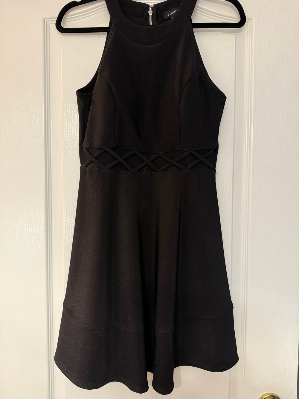 Le Chateau Black Halter Fit-and-Flare Dress with Lattice Waist